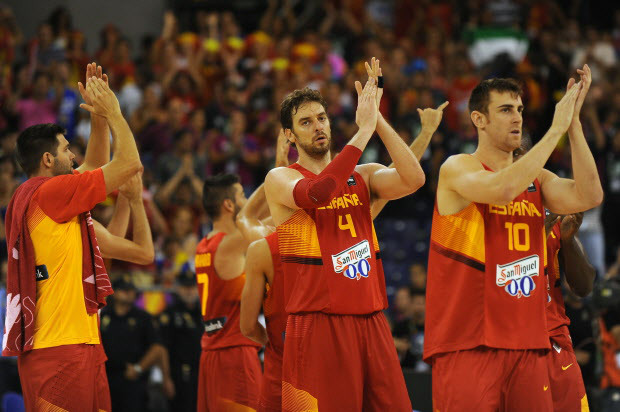 Spain's team celebrate after winning 63-82 the 2014 FIBA World basketball championships group A match Brazil vs Spain at the Palacio Municipal de Deportes in Granada on September 1, 2014. AFP PHOTO / JORGE GUERREROJorge Guerrero/AFP/Getty Images
